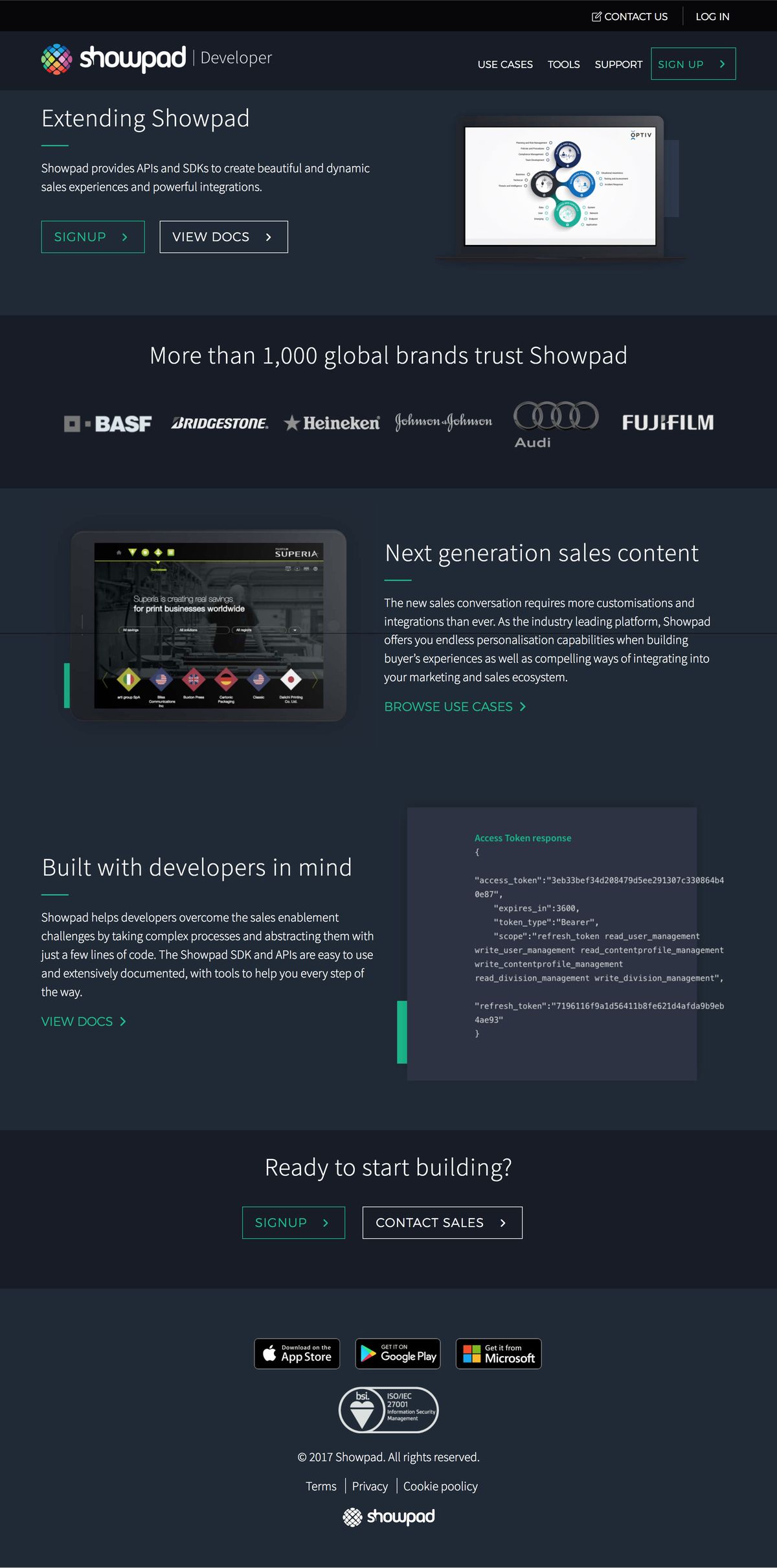 Showpad Developers website screenshot